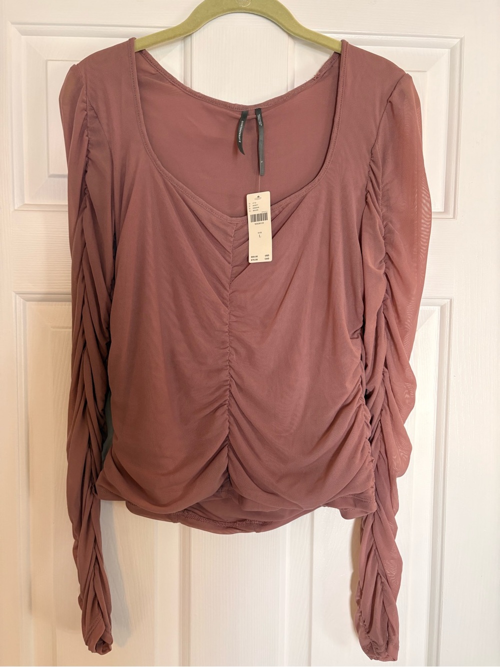 Mauve Ruched Mesh Long Sleeve Top Size L NWT $68